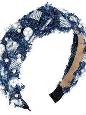 New! Y2K Denim Pearl Headband Knotted Headband Sparkle Rhinestone Hairband